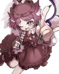  1girl animal_ears bird_ears blush brown_dress brown_hat collared_shirt commentary_request dress earrings fang feathered_wings feet_out_of_frame fingernails green_nails grey_eyes hat highres holding holding_skewer jewelry long_sleeves looking_at_viewer mob_cap momonhashi mystia_lorelei one_eye_closed open_mouth purple_hair purple_wings sharp_fingernails shirt short_hair simple_background single_earring skewer skin_fang smile solo touhou white_background white_shirt wings 
