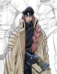  1girl 2others belt black_gloves blue_eyes braid coat coat_on_shoulders enclave_(fallout) fallout freckles frown gloves gun handgun hat highres looking_at_viewer military_hat military_uniform milky_onion multiple_others open_clothes open_coat partially_colored power_armor_(fallout) red_hair side_braid trench_coat weapon 