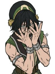  aang absurdres aged_up alvareums avatar:_the_last_airbender avatar_legends blind commentary element_bending green_hairband green_pants hairband highres muscular muscular_female pants sketch toph_beifong 
