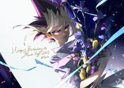  1boy 2023 artist_name black_hair bloom blue_flower blue_ribbon border bouquet character_name colored_bangs colored_tips confetti crossed_arms dress_shirt facing_to_the_side flower happy_birthday highres holding holding_bouquet light_particles loose_necktie male_focus multicolored_hair muto_yugi necktie open_mouth ornate_border partially_unbuttoned pink_necktie purple_shirt ribbon shirt sleeves_rolled_up spiky_hair upper_body vest violet_eyes waistcoat yu-gi-oh! yu-gi-oh!_the_dark_side_of_dimensions yuthie 