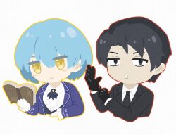  1boy 1girl adjusting_clothes adjusting_gloves angela_(project_moon) ascot black_eyes black_gloves black_hair black_jacket black_necktie blue_coat blue_hair book chibi chibi_only closed_mouth coat collared_shirt cropped_torso frilled_sleeves frills gloves highres holding holding_book jacket lapels library_of_ruina long_sleeves looking_at_viewer necktie notched_lapels project_moon reading roland_(project_moon) shirt short_hair simple_background smile upper_body white_ascot white_background white_gloves white_shirt wing_collar yellow_eyes zxhaneki 
