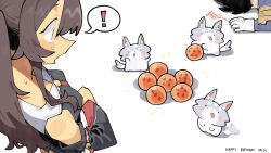  1boy 1girl absurdres belt black_hair black_shirt black_skirt breasts cocomayo29_(tomato) commentary dragon_ball dragon_ball_(object) dying_message fang highres hololive looking_down medium_breasts miofa_(ookami_mio) ookami_mio ookami_mio_(1st_costume) open_mouth ponytail sailor_collar shirt skirt untranslatable_commentary vegeta white_background white_sailor_collar wolf_girl 