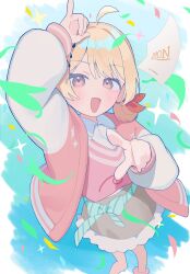  1girl :d absurdres ahoge aqua_background arm_up beamed_eighth_notes blonde_hair blue_background blush bow brown_eyes brown_skirt calendar_(object) collared_shirt commentary_request confetti dot_nose eighth_note feet_out_of_frame flying_paper foreshortening frilled_skirt frills gradient_background green_bow hair_bow hair_bun hair_ornament highres hololive hololive_dev_is jacket letterman_jacket looking_at_viewer medium_hair multicolored_jacket musical_note musical_note_hair_ornament official_alternate_costume open_mouth otonose_kanade paper parted_bangs pink_jacket pink_sweater_vest pointing pointing_at_viewer raglan_sleeves red_bow shirt shirt_tucked_in shumpi sidelocks skirt skirt_bow smile solo sparkle sweater_vest swept_bangs two-tone_background two-tone_jacket virtual_youtuber white_shirt you_&amp;_aizu_(otonose_kanade) 