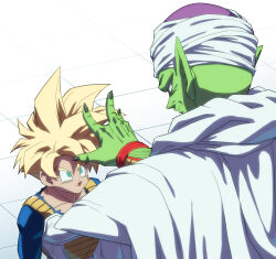  amayuki318 armor black_nails blonde_hair blue_bodysuit bodysuit capelet collarbone colored_skin commentary_request dragon_ball dragon_ball_z green_eyes green_skin hat highres light_smile looking_down looking_up muscular muscular_male namekian no_eyebrows pectorals piccolo pointy_ears saiyan_armor shoulder_armor size_difference smile son_gohan spiky_hair super_saiyan super_saiyan_1 thick_eyebrows thick_neck turban upper_body white_capelet white_turban 