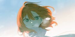  1girl ahoge blue_eyes blue_sky breath clouds cloudy_sky cold commentary_request day double-parted_bangs floating_hair hair_between_eyes high_collar highres looking_up mochiosamu_ron original outdoors parted_lips portrait red_hair short_hair sidelighting sky solo 