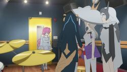  4girls absurdres bocchi_the_rock! braid cloak commentary cymbals door dorothy_(nikke) dress drum drum_set flower-shaped_hair goddess_of_victory:_nikke grey_hair hat head_down highres indoors instrument jingasa long_hair multiple_girls nun pink_hair pioneer_(nikke) scarlet_(nikke) scene_reference single_braid slouching snow_white_(nikke) veil very_long_hair visor_lift wge white_cloak white_dress white_hair 