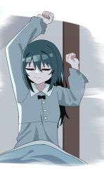  1girl black_hair blanket closed_eyes closed_mouth commentary_request grey_pajamas highres indoors lexile long_hair love_live! love_live!_nijigasaki_high_school_idol_club mifune_shioriko pajamas quilt solo stretching upper_body waking_up 