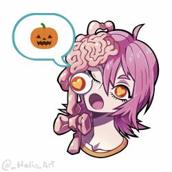  1girl :o artist_name brain chainsaw_man commentary cosmo_(chainsaw_man) exposed_brain eyeball eyelashes hair_between_eyes heart heart-shaped_pupils jack-o'-lantern leopold65107856 looking_at_viewer one_eye_closed pink_hair red_eyes simple_background solo spoken_object symbol-shaped_pupils untranslatable_commentary white_background yellow_pupils 