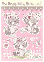  1girl :t animal animal_ears arms_behind_back baby_animal beads beanie bib_collar bird bird_bath black_shoes blue_flower blunt_bangs bow bowtie brown_eyes bubble_skirt cake cake_slice cat cat_ears cat_girl cat_tail cherry chibi chinese_commentary commentary_request commission dot_nose dress dress_bow ear_covers earflap_beanie english_text eyelashes flower food food_on_head frilled_dress frills fruit gloves hair_beads hair_bow hair_flower hair_ornament hair_ribbon hairclip happy hat highres holding holding_animal holding_cat juliet_sleeves kitten long_dress long_sleeves looking_at_viewer mary_janes multiple_views nailiu_mashu object_on_head open_mouth original outline pink_background pink_dress pink_hat polka_dot polka_dot_background pout puffy_sleeves red_ribbon ribbon sample_watermark shoes skirt sleeping smile sticker sticker_on_face tail tareme treble_clef watermark white_bow white_bowtie white_cat white_gloves white_outline 