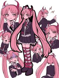  1girl :t asymmetrical_legwear ba_(user_44930310) blush blush_stickers bow closed_eyes closed_mouth collared_shirt commentary_request crossed_arms danganronpa_(series) danganronpa_another_episode:_ultra_despair_girls dot_mouth eyelashes fake_horns finger_to_own_chin fingernails footwear_bow frills from_behind from_side full_body hair_bow hairband high_heels highres horn_hairband horns index_finger_raised jacket lightning_bolt_symbol long_hair long_sleeves mismatched_legwear multiple_views open_clothes open_jacket open_mouth pink_eyes pink_hair polka_dot polka_dot_bow puff_of_air purple_jacket purple_shoes purple_skirt red_bow red_hairband shirt shoes skirt sleeves_past_wrists smile standing sweat tearing_up teeth thick_lineart twintails upper_teeth_only utsugi_kotoko very_long_hair white_bow white_shirt 