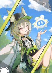  1girl 2baki_3 absurdres animal_ear_fluff arknights beanstalk_(arknights) black_hat black_overalls blush braid brown_hair commentary_request ears_through_headwear focus_viewfinder foreshortening hand_up hat highres hyena_ears hyena_girl long_hair long_sleeves looking_at_viewer metal_crab_(arknights) outdoors overalls red_eyes selfie shirt sitting smile socks solo striped_clothes striped_shirt user_interface yellow_socks 