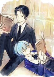  1boy 1girl against_wall angela_(project_moon) ascot black_eyes black_hair black_jacket black_necktie black_pants black_vest blue_coat blue_hair book bookshelf closed_mouth coat collared_shirt commentary_request frilled_sleeves frills highres holding holding_book jacket lap_pillow library_of_ruina long_sleeves lying necktie on_back open_book pants parted_bangs project_moon reading roland_(project_moon) shirt short_hair sitting vest white_ascot white_shirt yellow_eyes zxhaneki 