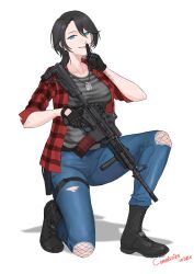  1girl absurdres assault_rifle black_gloves black_hair blue_eyes boots combat_boots denim dog_tags finger_to_mouth fishnets_under_jeans gloves gun highres holster index_finger_raised jeans jewelry looking_at_viewer m4_carbine multiple_necklaces necklace open_clothes open_shirt original pants parted_bangs plaid_clothes plaid_shirt rifle seilindekos shirt short_hair shushing sleeves_rolled_up smile striped_clothes striped_shirt thigh_holster torn_clothes torn_jeans torn_pants undershirt weapon 