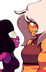  2girls afro alternate_costume blush breasts colored_skin discount-supervillain face_shield from_side frown garnet_(steven_universe) gem gem_(steven_universe) grin jasper_(steven_universe) lips long_hair multiple_girls muscular muscular_female navel nose_jewel orange_skin smile sports_bra steven_universe striped_skin tank_top upper_body white_hair wide-eyed yellow_eyes 