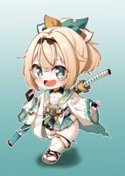  1girl aqua_eyes berosu black_hairband blonde_hair blush bow chest_sarashi chibi commentary_request fingerless_gloves gloves hair_between_eyes hair_ornament hairband haori hololive japanese_clothes katana kazama_iroha kazama_iroha_(1st_costume) leaf_hair_ornament long_hair looking_at_viewer multicolored_bow open_mouth ponytail sarashi skirt smile solo sword tanuki virtual_youtuber weapon 