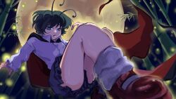  1girl antennae bamboo bamboo_forest black_cape blue_sky cape collared_shirt commentary_request fireflies forest full_body full_moon green_eyes green_hair grey_shorts highres long_sleeves looking_at_viewer mary_janes momonhashi moon nature night open_mouth outdoors red_cape red_shoes shirt shoes short_hair shorts sky socks solo touhou two-sided_cape two-sided_fabric white_shirt white_socks wriggle_nightbug 