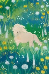  animal animal_focus bug chinese_zodiac commentary dandelion dandelion_clock dragonfly english_commentary floating_hair flower grass highres horse no_humans original painterly plant procreate_(medium) standing tall_grass titsay white_flower white_horse year_of_the_horse yellow_flower 