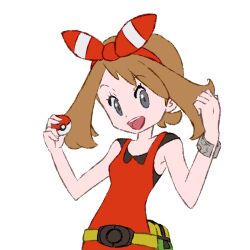  1girl :d bag bracelet brown_hair commentary_request eyelashes fanny_pack grey_eyes happy highres holding holding_poke_ball jewelry kisama_(0213) may_(pokemon) medium_hair open_mouth poke_ball poke_ball_(basic) pokemon pokemon_omega_ruby_and_alpha_sapphire red_shirt shirt simple_background sleeveless sleeveless_shirt smile solo teeth upper_body upper_teeth_only white_background yellow_bag 