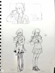  3girls animal animal_ear_headphones animal_ears apieceofchocol2 asakura_neko boots cat cat_ear_headphones cat_ears commentary_request cropped_torso cytus cytus_ii drink_carton drinking fake_animal_ears fingerless_gloves flower full_body gloves graphite_(medium) hair_flower hair_ornament headphones highres holding holding_animal holding_cat ivy_(cytus) jacket lofter_logo long_sleeves looking_to_the_side milk_carton multiple_girls pantyhose pleated_skirt shirt short_hair skirt sweater thigh-highs traditional_media vanessa_(cytus_ii) 