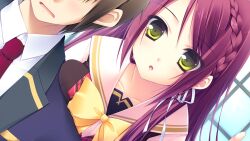  1boy 1girl blue_jacket bow bowtie braid breast_press breasts_on_shoulders brown_hair brown_vest day dress_shirt dutch_angle faceless faceless_male front-to-back game_asset indoors jacket kamira_akane long_hair looking_at_viewer necktie non-web_source official_art open_mouth out_of_frame pink_sailor_collar pink_shirt plaid_clothes purple_hair red_necktie sailor_collar sakura_hanpen school_uniform self-datamine shirt short_hair sugirly_wish vest white_shirt window yellow_bow yellow_bowtie yellow_eyes 