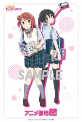  2girls :o anime_coloring arm_up back bag bag_charm black_hair black_socks blue_bag blue_shirt blue_skirt blunt_bangs blush border braid braided_base breasts brown_shoes bun_with_braided_base cellphone charm_(object) closed_mouth collared_shirt colored_shadow commentary_request copyright_logo dashed_border dot_nose dress_shirt drop_shadow full_body gradient_hair green_eyes green_hair grey_socks hair_between_eyes hair_bun hair_ornament hairclip half_updo highres holding holding_bag holding_magazine holding_phone kneehighs leaning_forward loafers logo looking_at_viewer looking_back love_live! love_live!_nijigasaki_high_school_idol_club magazine_(object) medium_hair miniskirt multicolored_hair multiple_girls neck_ribbon nijigasaki_school_uniform official_art open_magazine open_mouth outside_border over-kneehighs phone pigeon-toed pink_border pink_hair pink_ribbon plaid_clothes plaid_skirt pleated_skirt ribbon rounded_corners sample_watermark school_bag school_uniform shadow shirt shoes shoulder_bag single_side_bun skirt smartphone smile socks standing summer_uniform sweater_vest swept_bangs takasaki_yu taking_picture thigh-highs twintails two-tone_hair uehara_ayumu vest watermark white_background yellow_eyes yellow_sweater_vest yokota_takumi 