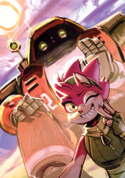  absurdres amy_rose arm_cannon armor classic_amy e-102_gamma fingerless_gloves gloves green_eyes grin hedgehog_girl highres humanoid_robot looking_at_viewer multicolored_armor one_eye_closed pink_fur red_armor robot sitting sleeveless smile sonic_(series) v waving weapon 