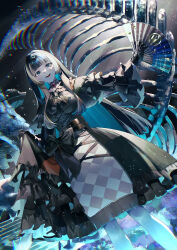  1girl :d absurdres amesui argyle_clothes ascot black_ascot black_bow black_choker black_dress black_gloves black_hair blue_eyes blunt_bangs bow checkered_clothes checkered_dress choker chromatic_aberration colored_inner_hair commentary_request cross-laced_clothes cross-laced_dress dress dress_bow feet_out_of_frame folding_fan frilled_dress frilled_sleeves frills gem gloves gothic_lolita grey_hair hand_fan highres holding holding_fan hololive juufuutei_raden lace lace-trimmed_choker lace_choker lace_trim light_particles lolita_fashion long_hair long_sleeves looking_at_viewer medium_dress multicolored_hair open_mouth paper_fan sidelocks smile solo standing streaked_hair teeth two-tone_hair upper_teeth_only virtual_youtuber wide_sleeves 