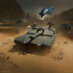 assault_rifle barbed_wire building bulletproof_vest bullpup cape cityscape desert driving explosive firing flag gun heavy_machine_gun helldiver_(helldivers) helldivers_(series) helmet machine_gun military_vehicle mine_(weapon) motor_vehicle mountain multiple_others official_art rifle seaf_soldier_(helldivers) sung_choi tank weapon 