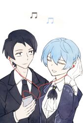 1boy 1girl angela_(project_moon) ascot black_eyes black_hair black_jacket black_necktie black_vest blue_coat blue_hair closed_eyes closed_mouth coat collared_shirt commentary_request earphones earphones frilled_sleeves frills gloves hand_up highres holding holding_phone jacket library_of_ruina listening_to_music long_sleeves musical_note necktie phone project_moon roland_(project_moon) shared_earphones shirt short_hair side-by-side simple_background smile upper_body vest white_ascot white_background white_gloves white_shirt zxhaneki 