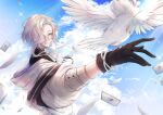  1boy arm_up ascot bangs bird black_gloves black_shirt blonde_hair blue_eyes blue_hair blue_sky blurry bracelet card closed_mouth clouds day depth_of_field dove falling_card falling_feathers feathers floating_hair gloves hair_intakes hair_over_one_eye highres holostars hood hood_down hooded_jacket jacket jewelry jyako_(utsugi_uyu) lens_flare light_rays long_sleeves looking_at_viewer looking_back male_focus medium_hair multicolored_hair one_eye_covered opal_(opalkuji) outdoors outstretched_arm parted_bangs puffy_sleeves redhead shirt sidelocks sky sleeves_rolled_up smile solo streaked_hair sunlight swept_bangs turtleneck upper_body utsugi_uyu white_ascot white_jacket 