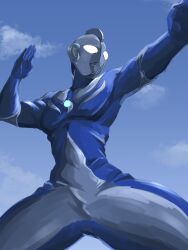  1boy absurdres alien arm_up blue_skin blue_sky clouds cloudy_sky color_timer colored_skin commentary compound_eyes cowboy_shot day dorsal_fin fighting_stance forehead_jewel from_below giant giant_male glowing glowing_eyes highres kintsuba_(kintsuba_08) legs_apart looking_ahead male_focus multicolored_skin no_pupils outdoors outstretched_arm pectorals silver_skin sky solo standing tokusatsu toned toned_male two-tone_skin ultra_series ultraman_cosmos ultraman_cosmos_(luna_mode) ultraman_cosmos_(series) white_eyes wrinkled_skin 