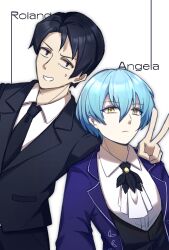  1boy 1girl angela_(project_moon) arm_around_shoulder ascot black_eyes black_feathers black_hair black_jacket black_necktie black_pants black_vest blue_coat blue_hair character_name closed_mouth coat collared_shirt commentary_request feathers highres jacket library_of_ruina long_sleeves looking_at_viewer necktie pants project_moon roland_(project_moon) shirt short_hair simple_background smile v vest white_ascot white_background white_shirt wing_collar yellow_eyes zxhaneki 