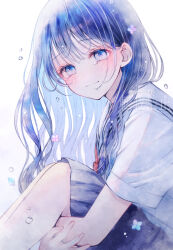  1girl artist_name blue_eyes blue_flower blue_hair blue_skirt blush bow bowtie bubble collar commentary_request cowboy_shot flower from_side ginniroya hand_on_own_elbow highres long_hair looking_at_viewer original pink_flower red_bow red_bowtie sailor sailor_collar shirt simple_background sitting skirt smile tears watermark wavy_hair white_background white_collar white_sailor_collar white_shirt 