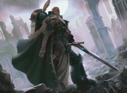  1boy armor armored_boots belt boots breastplate cape facial_hair fenrirprime gauntlets green_cape gun highres holding holding_sword holding_weapon lion_el'jonson lion_head_(ornament) male_focus mature_male power_armor primarch purity_seal short_hair shoulder_armor skull_ornament sword warhammer_40k weapon white_hair 