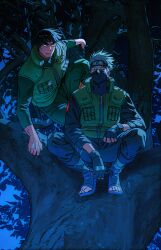  2boys absurdres bandaged_ankle black_gloves black_hair black_headband black_pants black_shirt black_shoes blunt_bangs bodysuit bowl_cut cheekbones closed_mouth commentary english_commentary fingerless_gloves flak_jacket furrowed_brow gloves green_bodysuit green_vest grey_hair hatake_kakashi headband highres holding holding_kunai holding_weapon in_tree jacket konohagakure_symbol kunai looking_at_viewer m0_mo_momo male_focus mask might_guy mouth_mask multiple_boys multiple_scars naruto_(series) night one_eye_closed open-toe_shoes outdoors pants scar scar_across_eye scar_on_face scar_on_hand shirt shoes short_hair sitting squatting thick_eyebrows tree vest weapon 