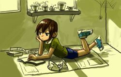  1boy black_eyes blue_shoes blue_shorts book brown_hair bug closed_mouth collar collared_shirt commentary_request feet_up from_side full_body hand_on_book hand_on_own_chin indoors jun_(navigavi) looking_to_the_side lying male_focus nose on_stomach open_book original plant polo_shirt potted_plant shadow shirt shoes short_hair short_sleeves shorts silk sneakers solo spider spider_web very_short_hair white_collar window window_light 
