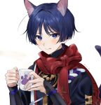  1boy :q animal_ear_fluff animal_ears armor artist_name bangs black_hair black_shirt blue_eyes blunt_ends blush cat_boy cat_ears cat_tail closed_mouth cup dfuma_pqr drink eyeshadow genshin_impact hands_up highres holding holding_cup japanese_armor japanese_clothes kote kurokote looking_at_viewer makeup male_focus mug parted_bangs paw_print red_eyeshadow red_scarf rope scaramouche_(genshin_impact) scarf shirt short_hair solo tail tongue tongue_out twitter_username upper_body white_background 