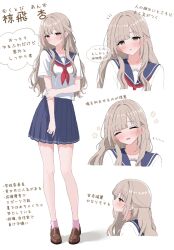  1girl :| arm_at_side blonde_hair blue_sailor_collar blue_skirt blush brown_shoes closed_eyes closed_mouth commentary_request grey_eyes half_updo hand_on_own_elbow highres long_hair looking_at_viewer multiple_views neckerchief notice_lines original parted_lips pink_socks pleated_skirt profile red_neckerchief sailor_collar shirt shoes short_sleeves shy simple_background skirt smile socks speech_bubble standing translation_request white_background white_shirt yuzupimaru 