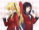  2girls arm_behind_back bangs black_hair black_ribbon blonde_hair blunt_bangs bolo_tie breasts card checkered_background closed_mouth collared_shirt commentary from_side hair_ribbon hand_up hime_cut holding holding_card hyakkaou_academy_uniform jabami_yumeko jacket kakegurui large_breasts long_hair long_sleeves looking_at_viewer medium_breasts multiple_girls nail_polish nyoro_(nyoronyoro000) parted_lips red_eyes red_jacket red_nails ribbon saotome_mary shirt smile teeth twintails upper_body upper_teeth very_long_hair white_shirt 