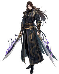  1boy absurdres black_boots black_pants boots brown_hair clothing_request dual_wielding full_body grey_eyes highres holding holding_sword holding_weapon liu_zhigang long_hair looking_at_viewer official_alternate_costume official_art pants simple_background solo solo_leveling solo_leveling:_arise sword weapon white_background 