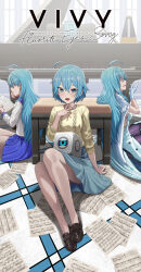  1other 3girls :d absurdres age_comparison ahoge bed_sheet blue_dress blue_sailor_collar blue_skirt cape commentary copyright_name cube dress earrings facing_to_the_side finger_to_own_chin floor full_body gloves grand_piano hand_on_floor highres holding holding_sheet instrument jewelry light_frown loafers long_hair looking_at_viewer matsumoto_(vivy) metronome multiple_girls multiple_persona neck_tattoo no_eyes object_on_lap on_floor penny_loafers piano piano_bench pleated_skirt purple_thighhighs ribbed_sweater sailor_collar school_uniform shaded_face sheet_music shirt shoes short_hair silvertsuki sitting skirt smile sweater tattoo thigh-highs very_long_hair vivy vivy:_fluorite_eye's_song white_cape white_gloves white_shirt yellow_sweater 