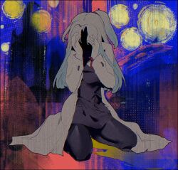  1girl abstract_background angela_(project_moon) black_pantyhose black_skirt coat collared_shirt covering_face face_in_shadow hands_on_own_face highres hua_shuo_guotou_hui_shang_ren lab_coat lobotomy_corporation long_hair long_sleeves necktie on_floor one_side_up pantyhose project_moon red_necktie shirt sitting skirt solo vest wariza white_coat white_hair 