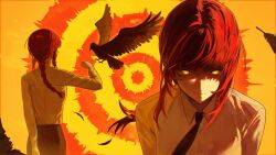  1girl bird black_feathers black_necktie black_pants braid braided_ponytail business_suit chainsaw_man collared_shirt commentary crow eye_background feathers formal_clothes high-waist_pants highres long_hair long_sleeves looking_at_viewer makima_(chainsaw_man) mangdae multiple_views necktie pants ponytail red_hair ringed_eyes shaded_face shirt shirt_tucked_in sidelighting sidelocks solo suit upper_body white_shirt yellow_eyes 
