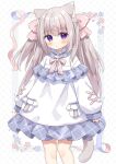  1girl :o animal_ear_fluff animal_ears bangs blue_flower blush bow brown_hair cat_ears cat_girl cat_tail commentary_request dress feet_out_of_frame floral_background flower frilled_dress frills hair_between_eyes hair_ribbon highres long_hair long_sleeves looking_at_viewer nakkar original parted_lips pink_bow pink_ribbon puffy_long_sleeves puffy_sleeves red_flower ribbon signature sleeves_past_wrists solo standing tail two_side_up very_long_hair violet_eyes white_background white_dress white_flower 