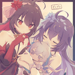  2023 3girls ahoge alternate_costume bare_shoulders birthday black_choker black_hair blue_hair breasts bronya_zaychik bronya_zaychik_(herrscher_of_truth) character_name chibi choker closed_eyes closed_mouth commentary_request flower gloves grey_eyes grey_hair highres holding honkai_(series) honkai_impact_3rd hug kissing_head konoquro multiple_girls no_mouth red_eyes red_flower red_gloves red_hair seele_(alter_ego) seele_vollerei seele_vollerei_(herrscher_of_rebirth) seele_vollerei_(starchasm_nyx) small_breasts translation_request upper_body 