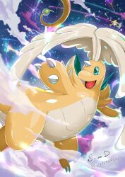  :d absurdres alternate_color artist_name claws clouds colored_skin commentary_request dragon dragonite feathered_wings flying green_eyes head_wings highres horns jirachi mega_dragonite mega_pokemon mew_(pokemon) no_humans open_mouth orange_skin pokemon pokemon_(creature) pokemon_focus sawa_d shiny_pokemon single_horn sky smile star_(sky) starry_sky tail wings 