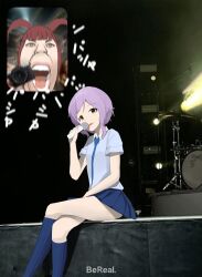  2girls bereal blue_necktie blue_shirt blue_skirt blue_socks camera collared_shirt commentary_request drum drum_set fan_screaming_at_madison_beer_(meme) hand_on_lap highres holding holding_camera holding_microphone idolmaster idolmaster_million_live! instrument korean_commentary makabe_mizuki matsuda_arisa meme microphone miniskirt multiple_girls necktie photo_background purple_hair screaming shirt short_hair short_sleeves sitting skirt soayo socks stage 