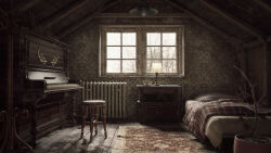  3d attic bed bed_sheet bench chubikman clothes_hanger commentary cup english_commentary highres indoors instrument lamp nightstand original overcast piano plant plate potted_plant radiator rug scenery sky snow snowing tree window winter wooden_bench wooden_floor 