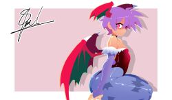 absurdres animal_print ass bat_print bat_wings blue_pantyhose bridal_gauntlets capcom choker clothing_cutout darkstalkers demon_girl diamond_cutout flat_chest gt_animates head_wings highres huge_ass leotard lilith_(darkstalkers) looking_at_viewer off-shoulder_leotard pantyhose pink_hair print_pantyhose purple_pantyhose red_eyes red_leotard short_hair thick_thighs thighs wings 
