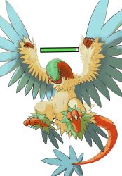  archeops blue_eyes blue_feathers blue_wings claws colored_skin commentary_request defeatist_(pokemon) feathers flying green_feathers health_bar highres neoruru_illust no_humans open_mouth orange_skin pokemon pokemon_(creature) pokemon_focus sharp_teeth simple_background solo tail teeth white_background wings yellow_feathers 